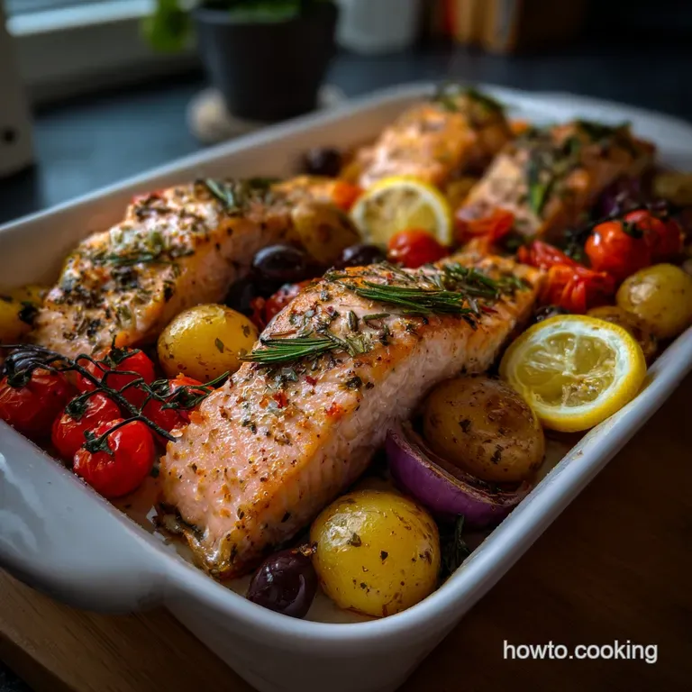 Perfectly seared salmon rests on a bed of golden-brown roasted cauliflower florets. Garnished with a lemon wedge for a bri...