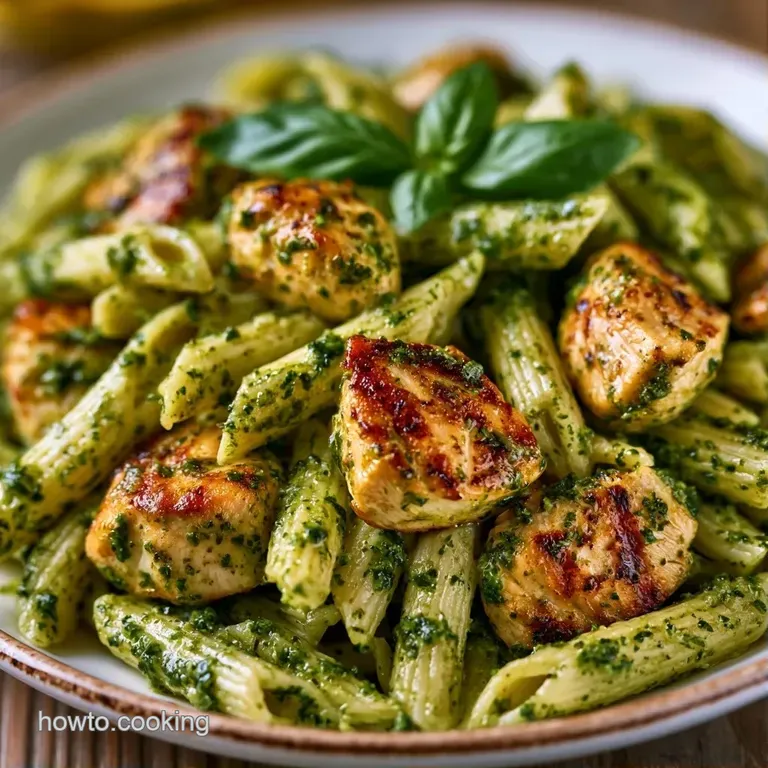 Al dente pasta swirls coated in emerald pesto, topped with seared chicken and shaved parmesan on a slate platter.
