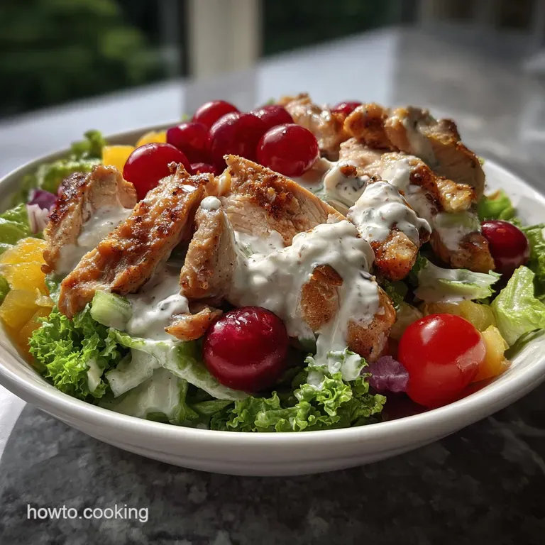 Chicken salad artfully arranged on a bed of fresh greens, garnished with bright red tomato halves and a drizzle of olive oil.