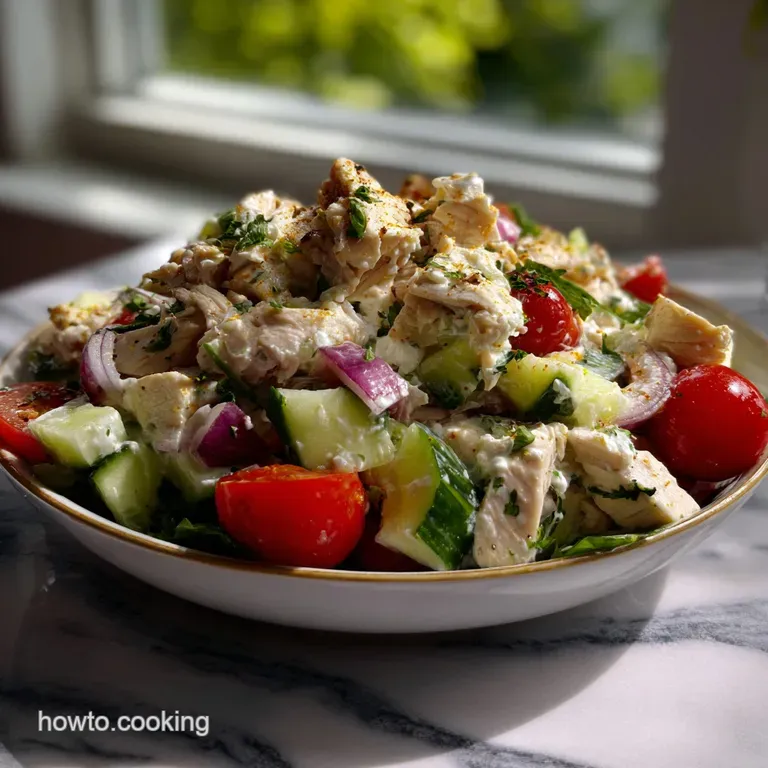 Vibrant chicken salad with creamy white dressing, scattered herbs, and colorful diced vegetables. A light and healthy meal.