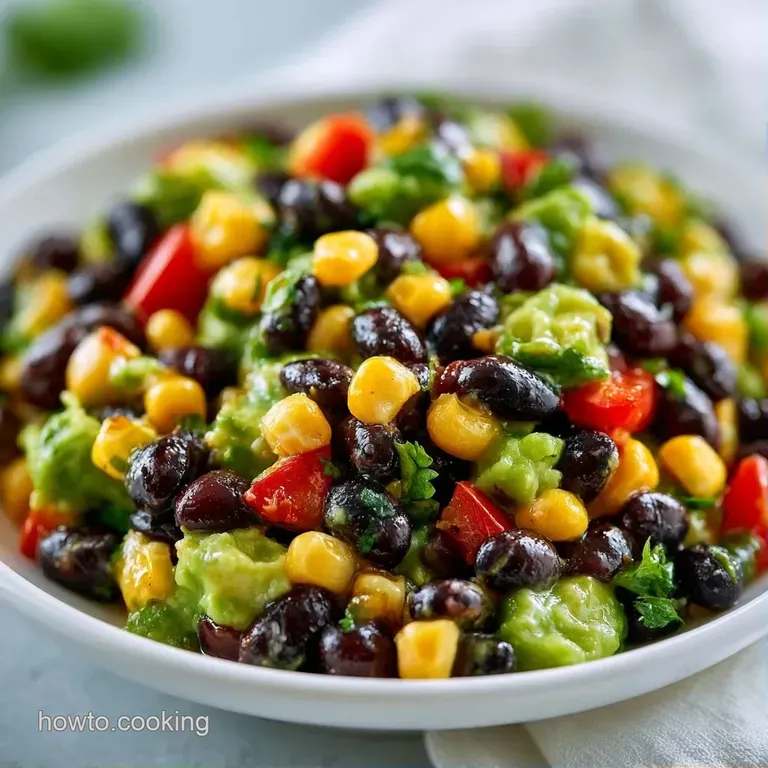 Colorful bean and corn salad in a rustic bowl, served with golden tortilla chips on a white linen backdrop.