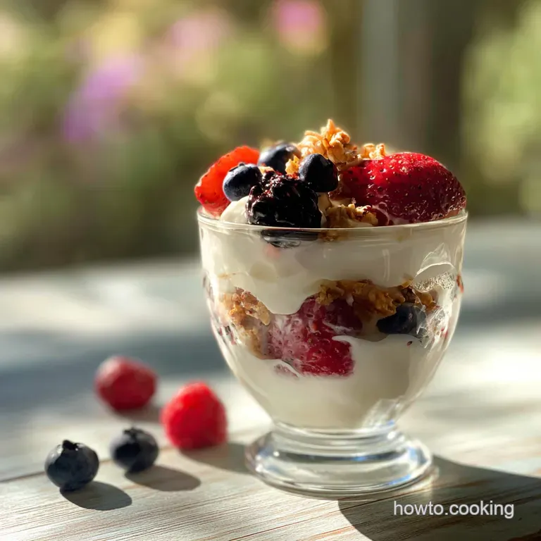 Elegant glass layered with creamy white yogurt, a swirl of deep red berry compote, and a sprinkle of golden granola.
