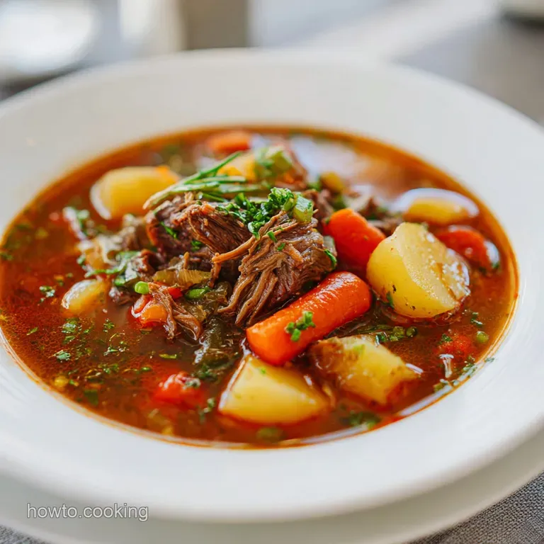 A rustic ceramic bowl of hearty beef soup, topped with fresh parsley and a side of crusty bread.