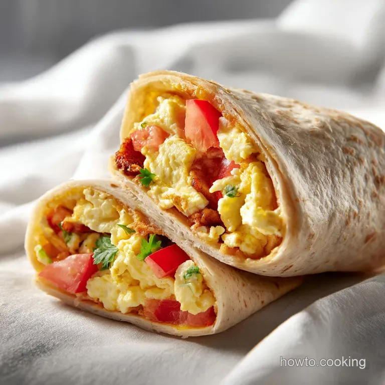 A hearty, plump breakfast burrito nestled on a rustic wooden board, cut to reveal its colorful, steamy filling