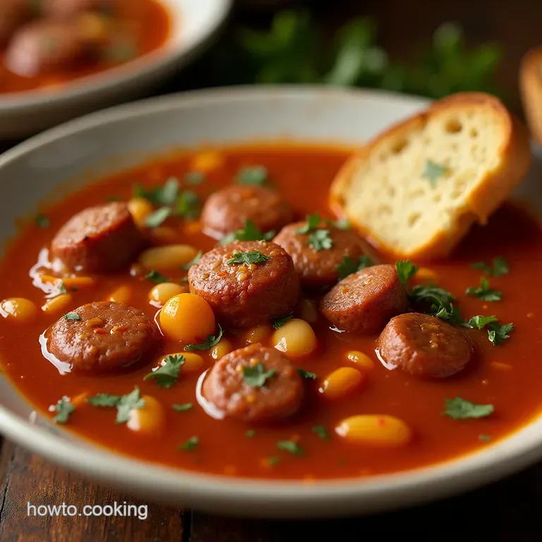 Hearty Tuscan Sausage Cannellini Bean Soup with Crusty Bread Dippers presentation