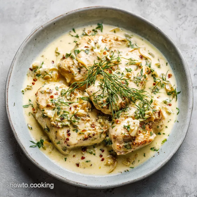 Glossy, tender chicken in rich cream sauce, plated with vibrant green herbs. Steaming, comforting, and artfully arranged.