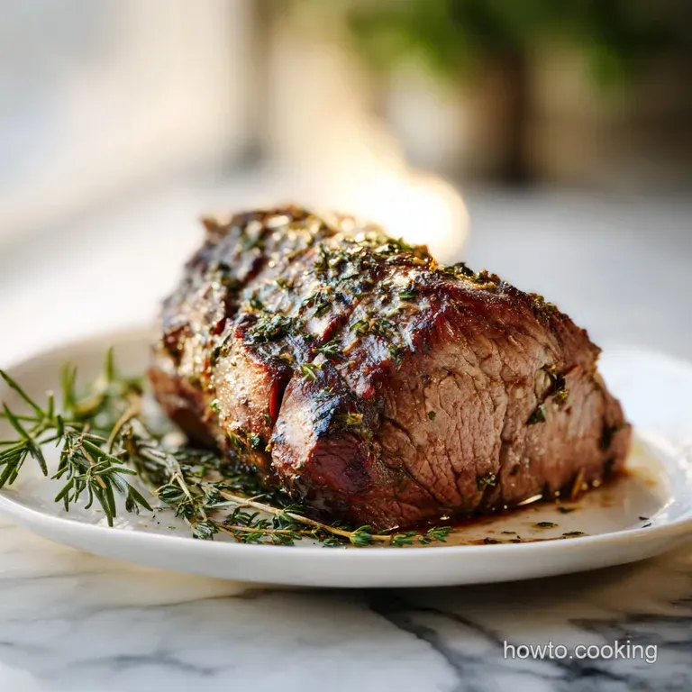 Slices of tender beef roast, arranged on a plate, beside roasted potatoes and carrots. Steaming slightly, hints of fresh h...