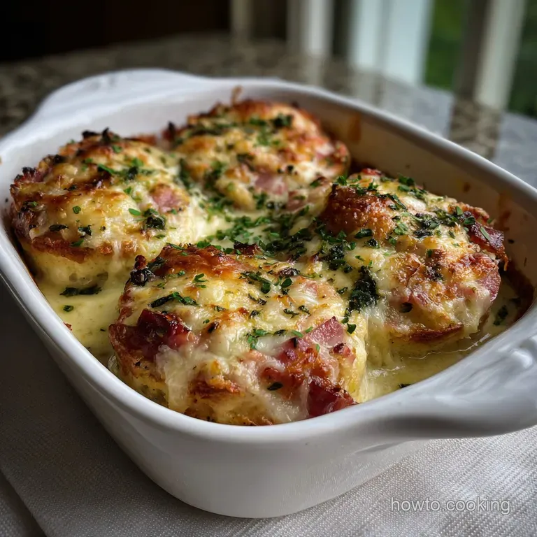 Fluffy, toasted English muffin halves piled high with cheesy, ham-filled casserole, garnished with fresh, green herb sprigs.