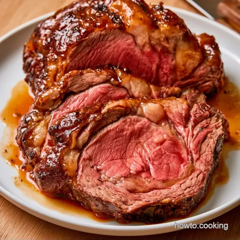 Tender slices of medium-rare beef drizzled with rich red wine reduction, garnished with microgreens on a white plate.