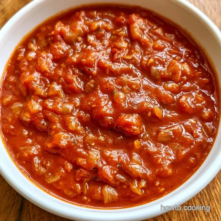 Glossy red sauce swirled on a white plate, topped with a fresh basil leaf and a drizzle of golden olive oil.