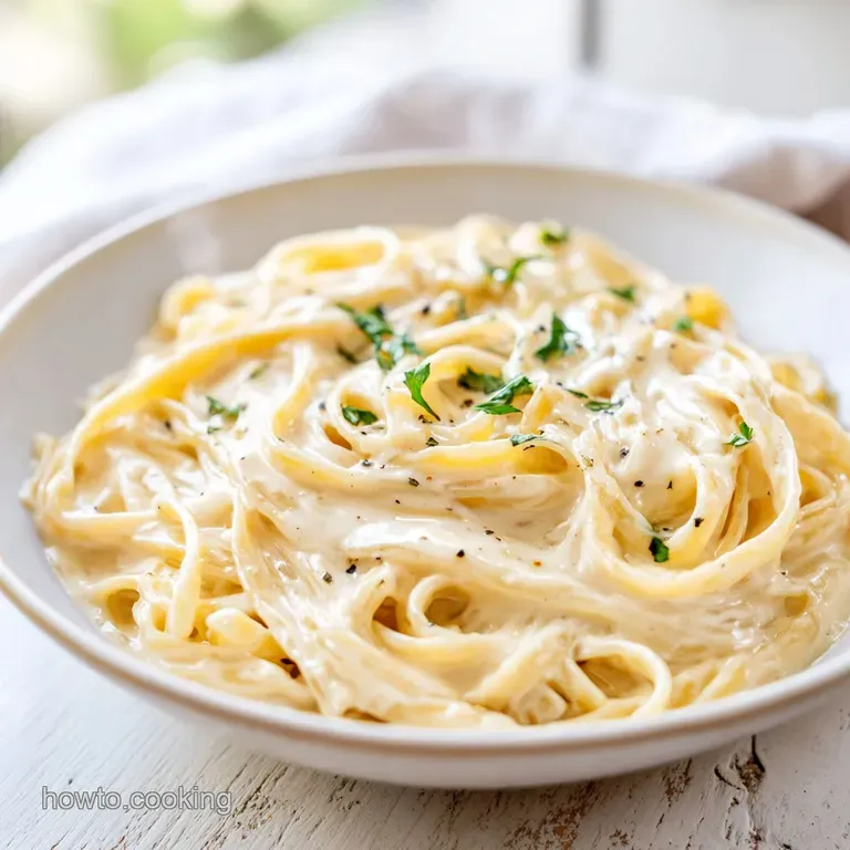 Elegant swirl of white cream pasta on a matte black plate, garnished with cracked black pepper and a basil leaf.