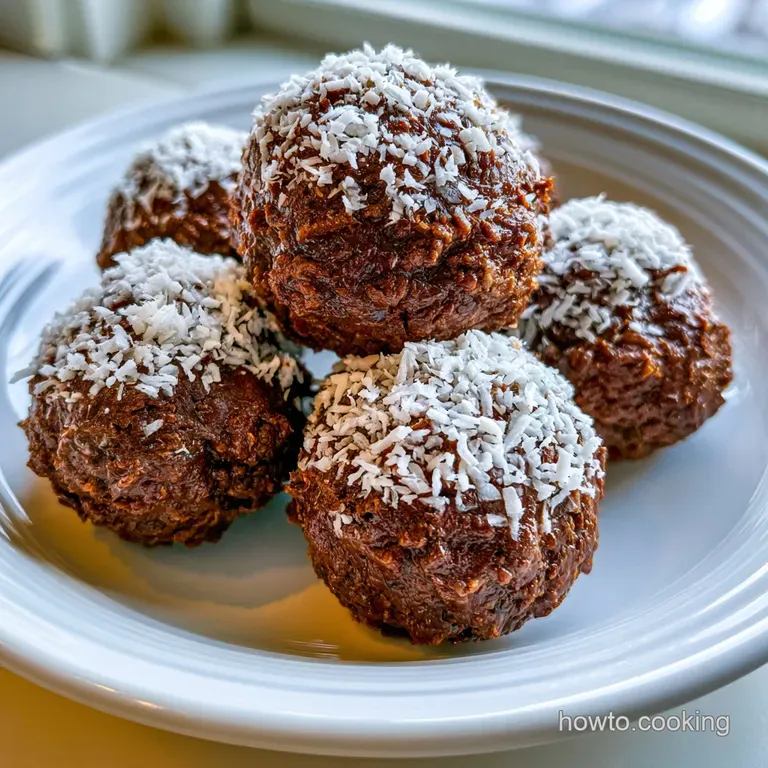 Glossy chocolate spheres arranged on a slate platter, accented by shredded coconut and toasted almond slivers.
