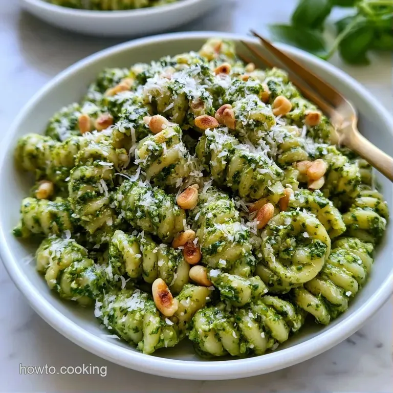 A swirl of vibrant green pasta in a white bowl, garnished with toasted pine nuts and a fresh, aromatic basil leaf.