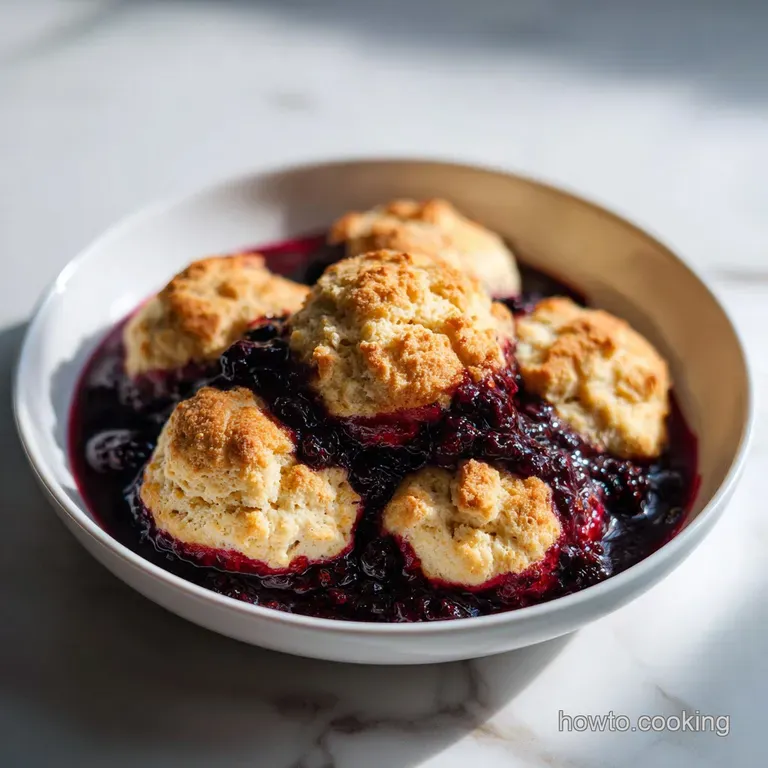 A slice of golden biscuit cake paired with glossy purple berries and a dollop of cream on a ceramic plate.