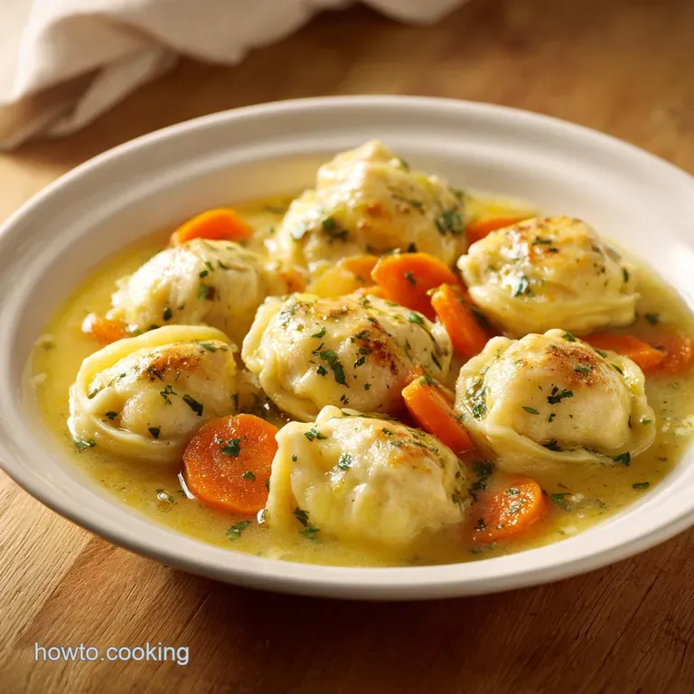 A deep ceramic bowl filled with creamy stew and soft, cloud-like dough topped with a sprinkle of chopped herbs.