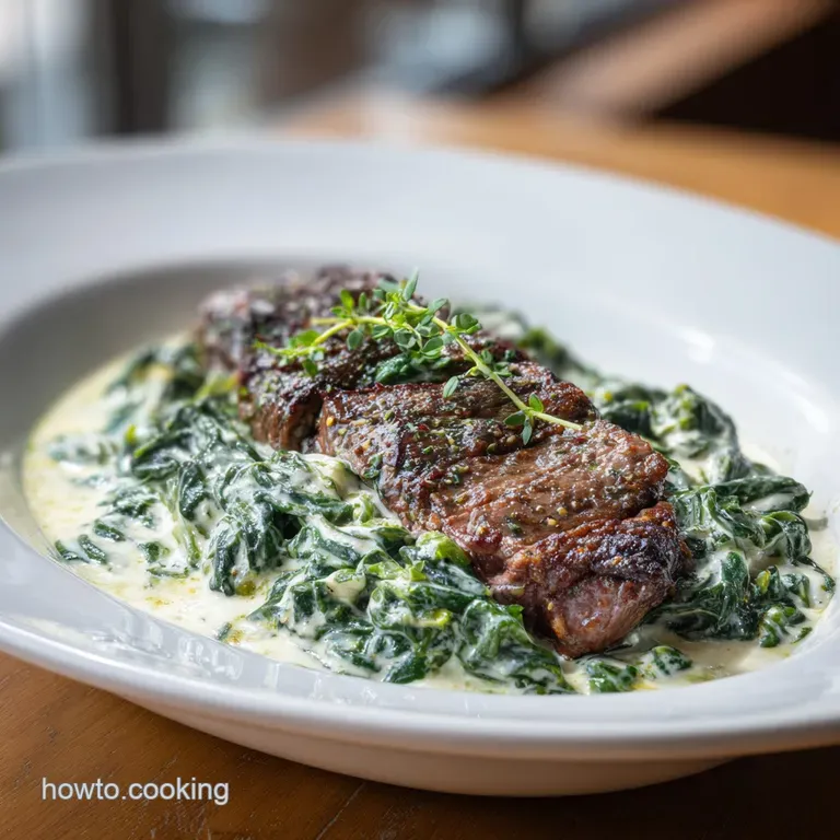 A neat swirl of velvety creamed spinach on a white plate, garnished with a sprinkle.