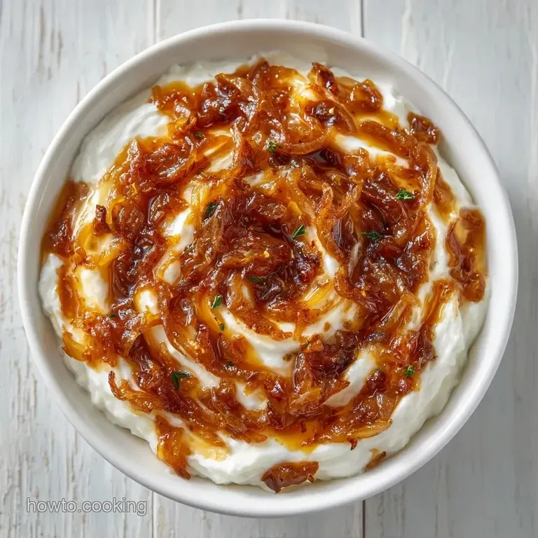 Elegant white bowl of savory cream dip with caramelized onions, served on a slate board with artisanal crackers.