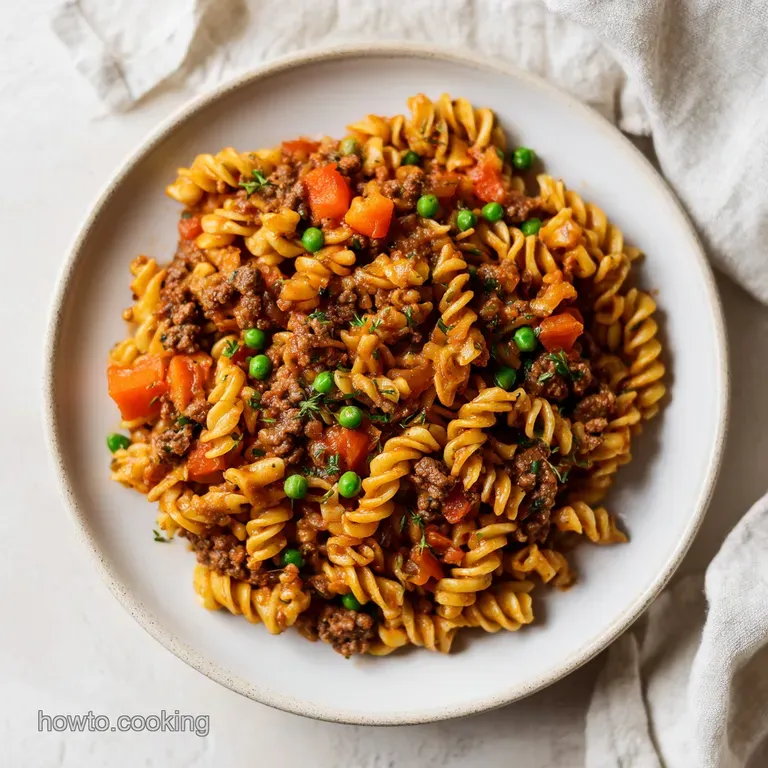 A steaming scoop of creamy pasta and beef, topped with fresh parsley, on a rustic white plate.