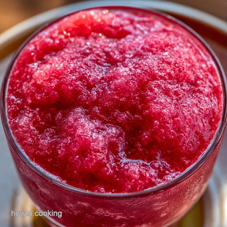 A tall glass of bright red icy drink on a white coaster, garnished with a fresh mint sprig and a slice of lime.