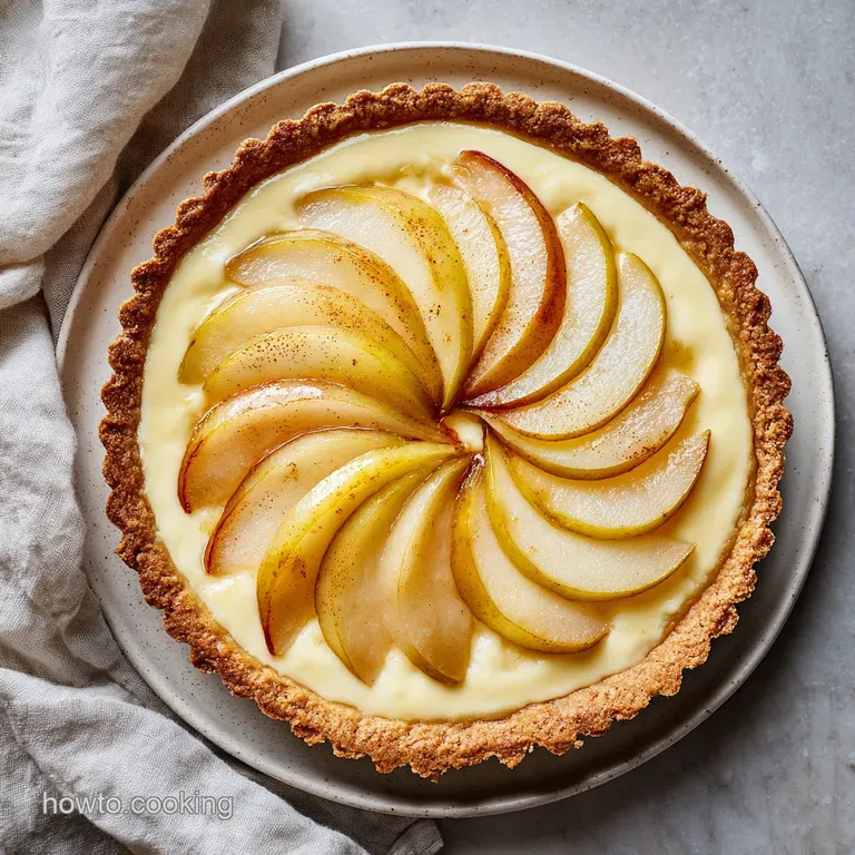 A neat slice of creamy custard tart topped with translucent pear slices on a white ceramic plate with a mint leaf.