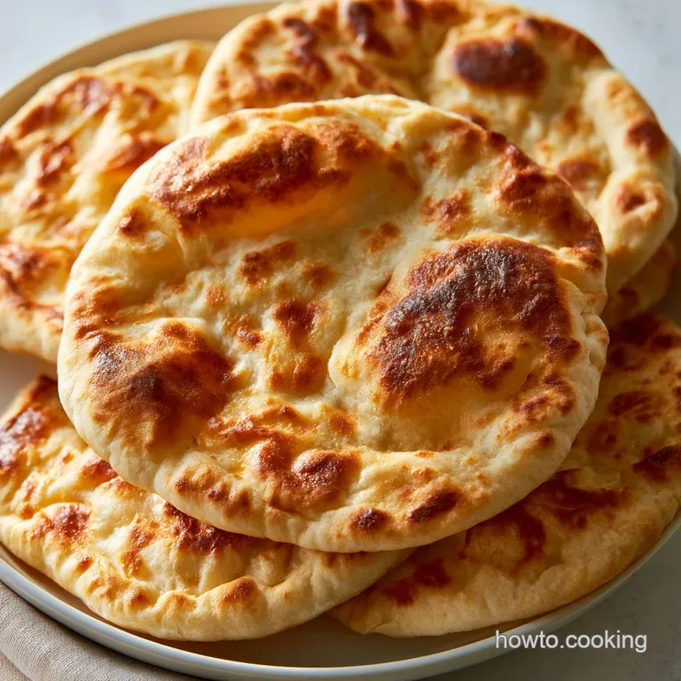 A stack of airy, puffed flatbreads served alongside creamy hummus and a sprinkle of fresh green parsley.