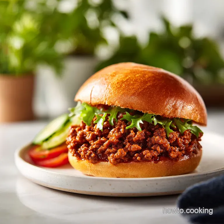 A single, open-faced Sloppy Joe shows the steam rising from the savory beef. Bright red sauce and chopped onion provide vi...
