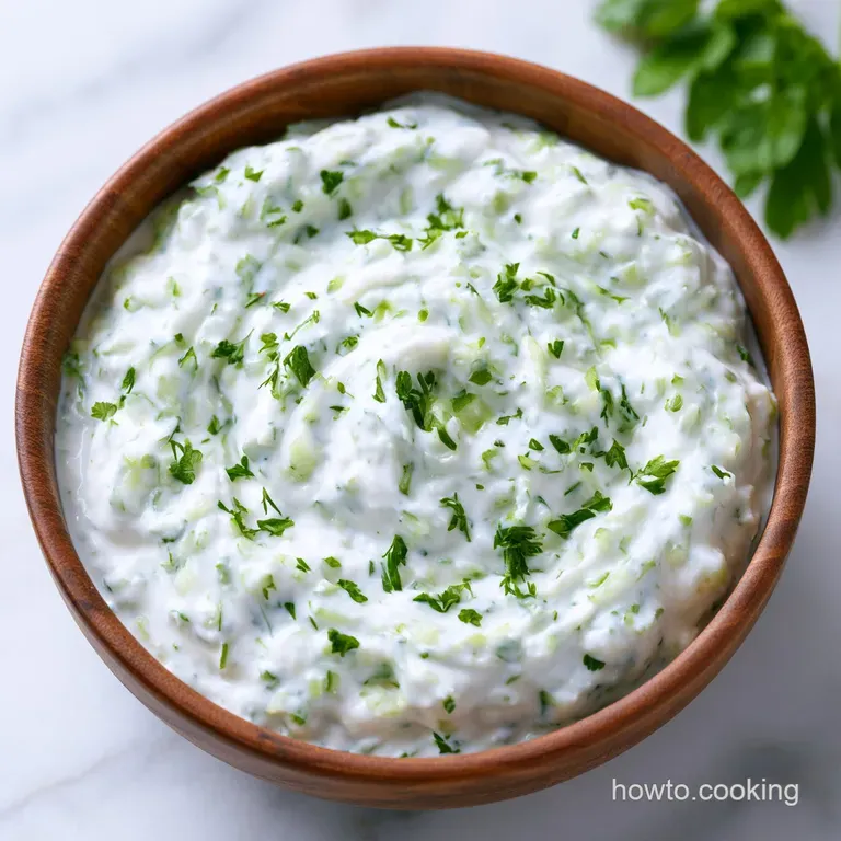 A ceramic bowl of thick white cucumber dip surrounded by toasted pita triangles and fresh, crisp cucumber slices.