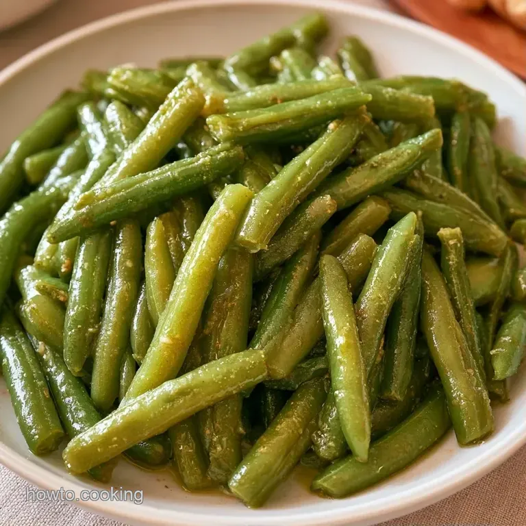 Bright, tender green beans neatly arranged on a white ceramic plate, finished with a drizzle of golden oil.