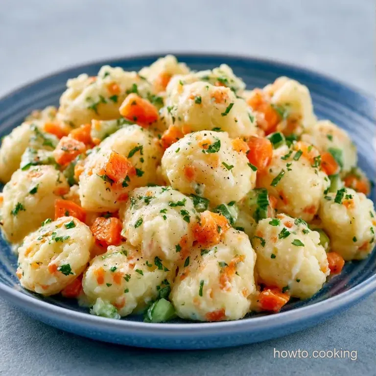 A neat scoop of creamy potato salad garnished with fresh parsley, served on a minimalist grey slate platter.