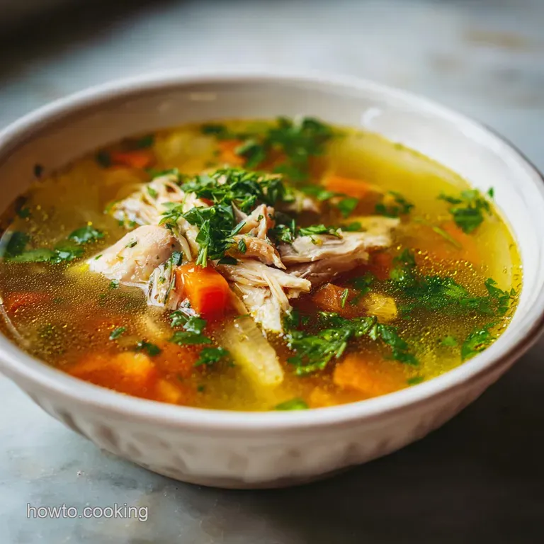 A clear bowl of bright chicken soup, showcasing noodles, shredded chicken, carrots, and herbs, garnished with fresh parsley.