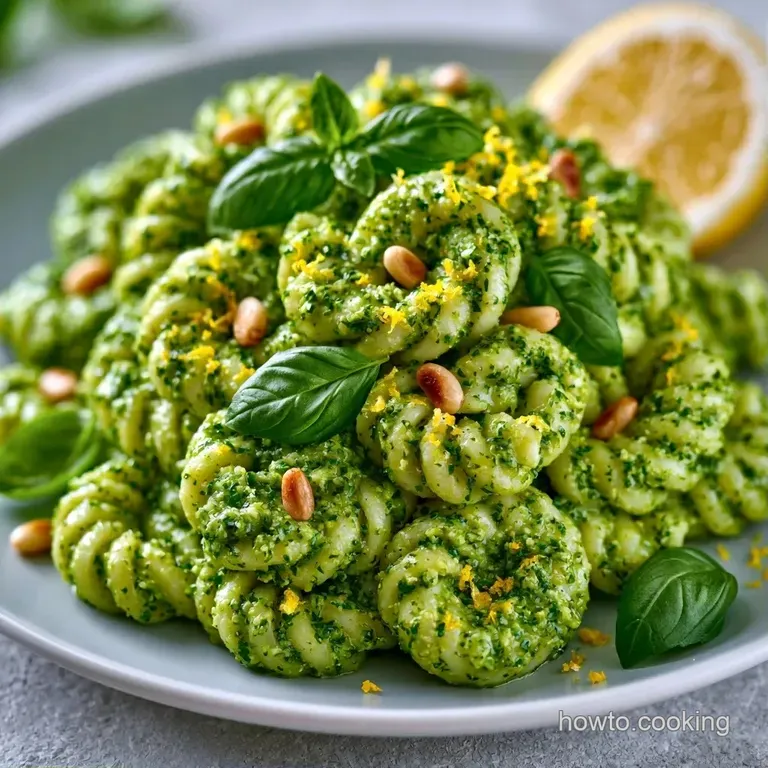 Twirled pasta coated in vibrant green sauce on a matte black plate, garnished with lemon zest and cracked pepper.
