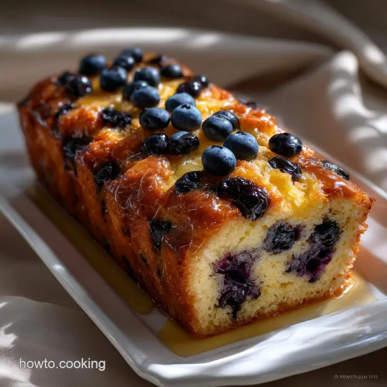 Thick slices of lemon blueberry bread artfully arranged on a white plate. The soft interior contrasted by the crisp, glaze...