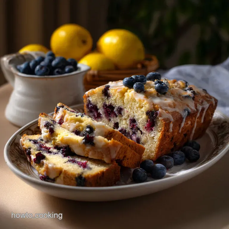 Golden-brown loaf of bread with a crackled, sugary crust. Scattered blueberries peek from the tender, velvety crumb, invit...