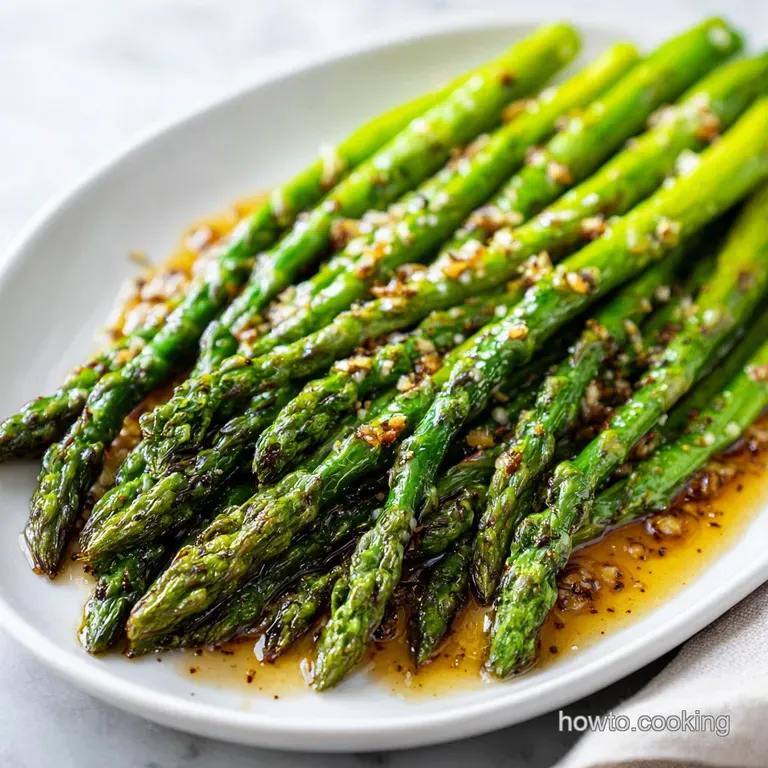 A single serving of bright green asparagus elegantly arranged on a white plate, drizzled with lemon sauce and fresh herbs.