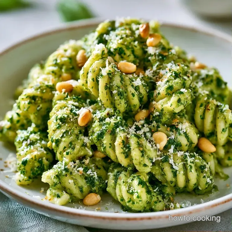 Swirled pasta coated in bright green sauce in a white bowl, topped with shaved parmesan and zesty lemon peel.