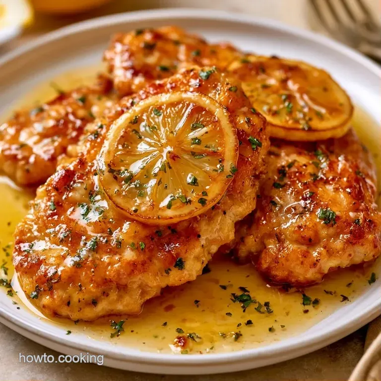 Sliced seared chicken breasts on a white plate, drizzled with yellow butter sauce and topped with lemon wedges.