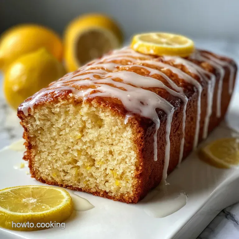A slice of moist lemon loaf cake with a glistening glaze, artfully arranged on a white plate with a sprig of fresh mint.