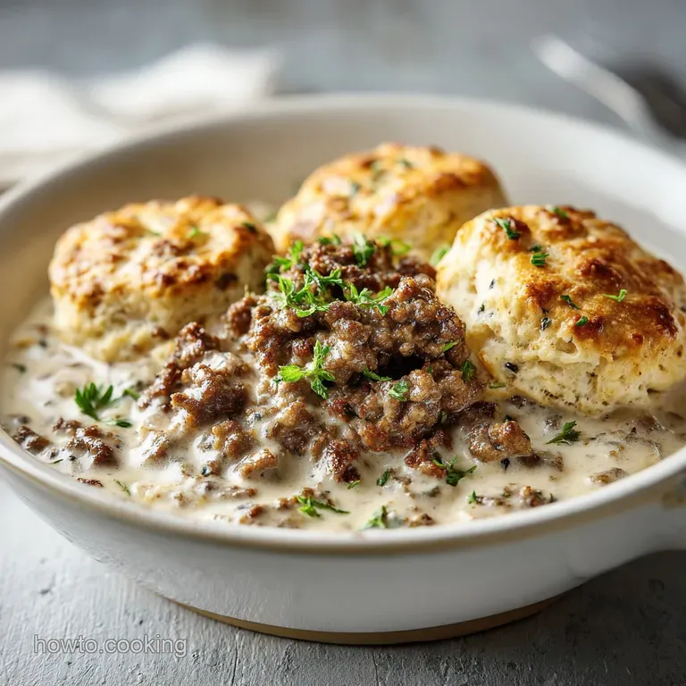 A white porcelain plate featuring warm, split biscuits smothered in thick, peppery white sauce and fresh parsley.
