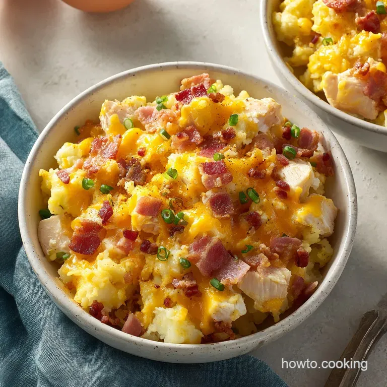 A plated chicken breast topped with fluffy potato mash, melted golden cheese, and sprinkles of green scallions.
