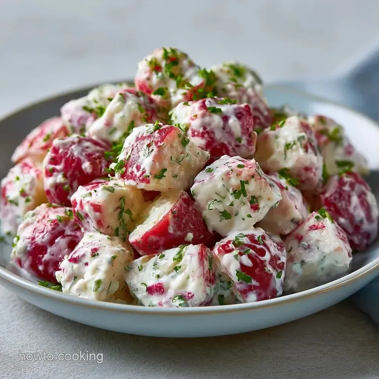 A white ceramic bowl of creamy potato salad topped with golden-brown bacon crumbles and sliced green onions.