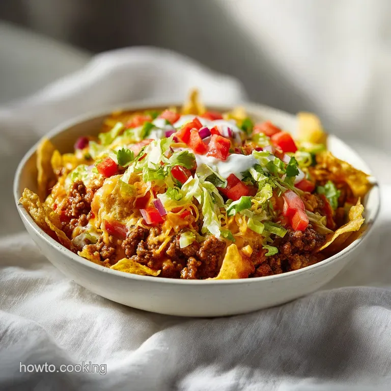 An artfully arranged taco salad with seasoned ground beef, shredded cheese, and colorful toppings on a white plate.