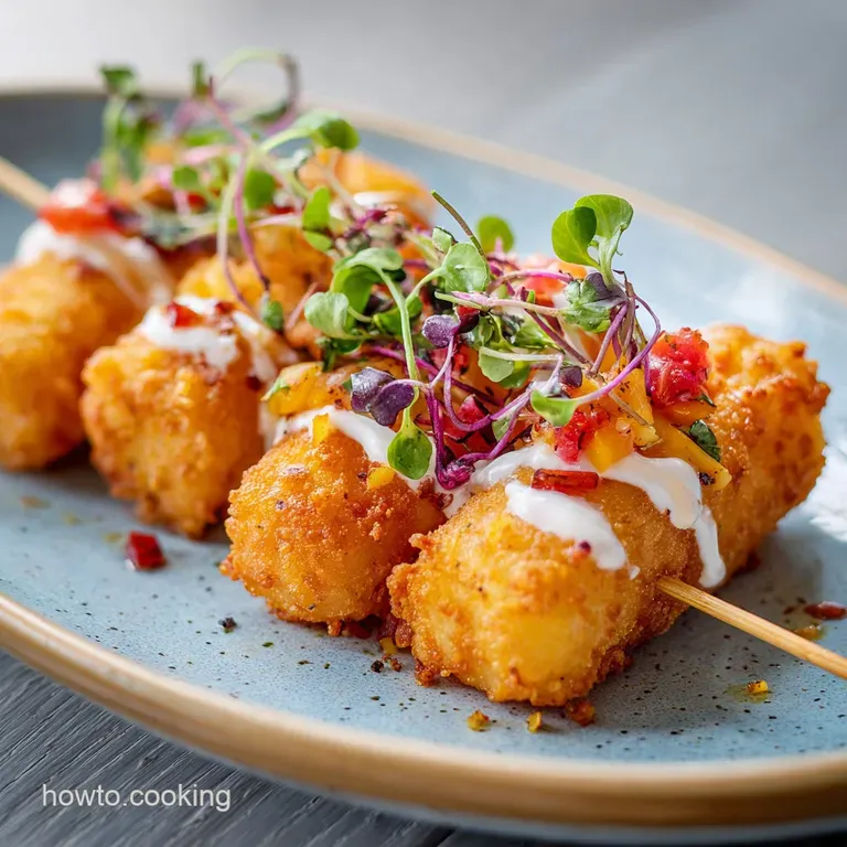 Skewers of golden tater tots topped with vibrant green onions and smoky bacon bits.