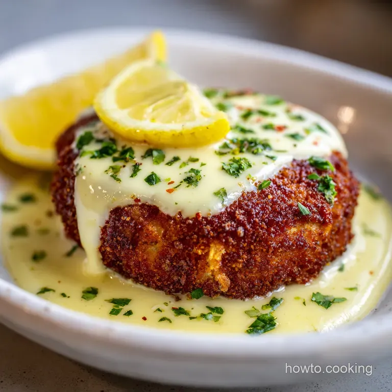 An elegantly plated crab cake, seared golden-brown, sits beside a vibrant lemon wedge and fresh parsley.