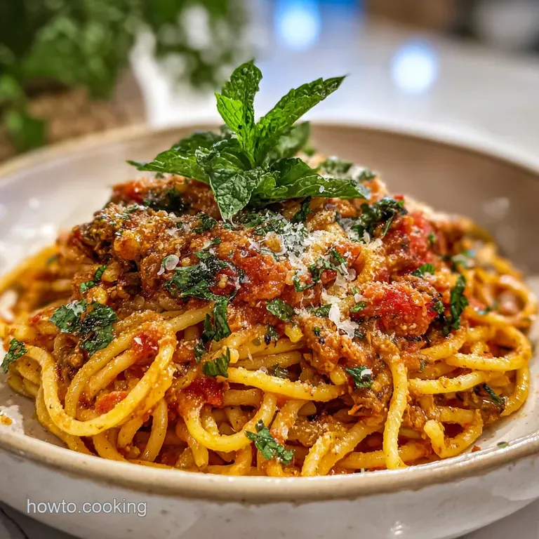 A generous serving of spaghetti bake lifted onto a white plate, steam rising, showing layers of noodles, sauce, and cheese.