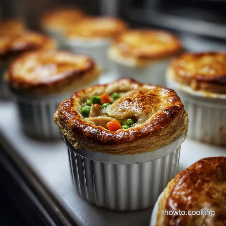 Individual chicken pot pie on a white plate, crust glistening, hints of visible filling, beside a sprig of fresh herbs, el...