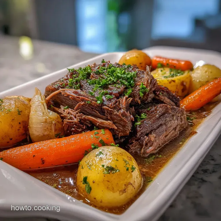 Succulent beef roast with browned edges rests atop creamy mashed potatoes, garnished with fresh parsley. Steam rises.