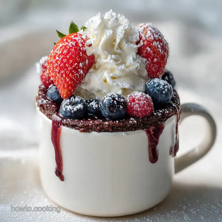 Individual chocolate mug cake topped with whipped cream and chocolate shavings on a small plate ready to eat.