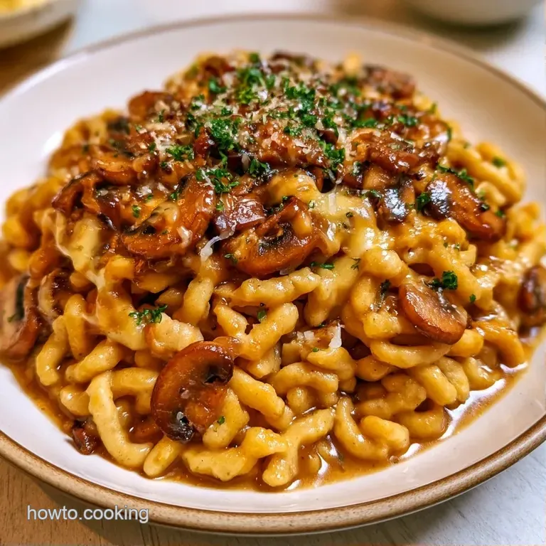 Elegant swirl of cheesy golden pasta topped with sautéed brown mushrooms and a sprinkle of chopped green parsley.