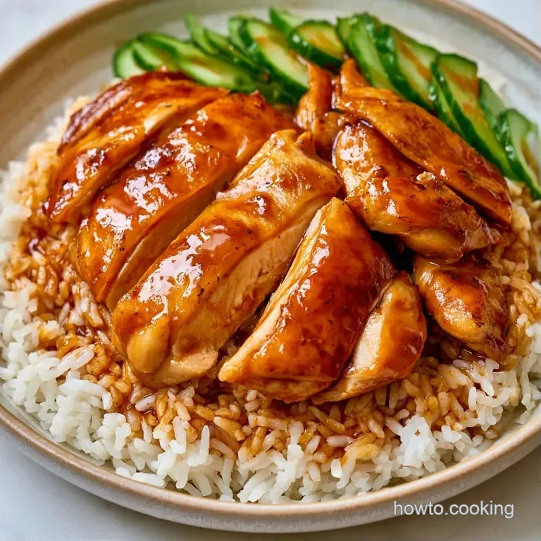 Neatly sliced poached chicken on a bed of fragrant rice, paired with crisp cucumber and a small bowl of brown sauce.