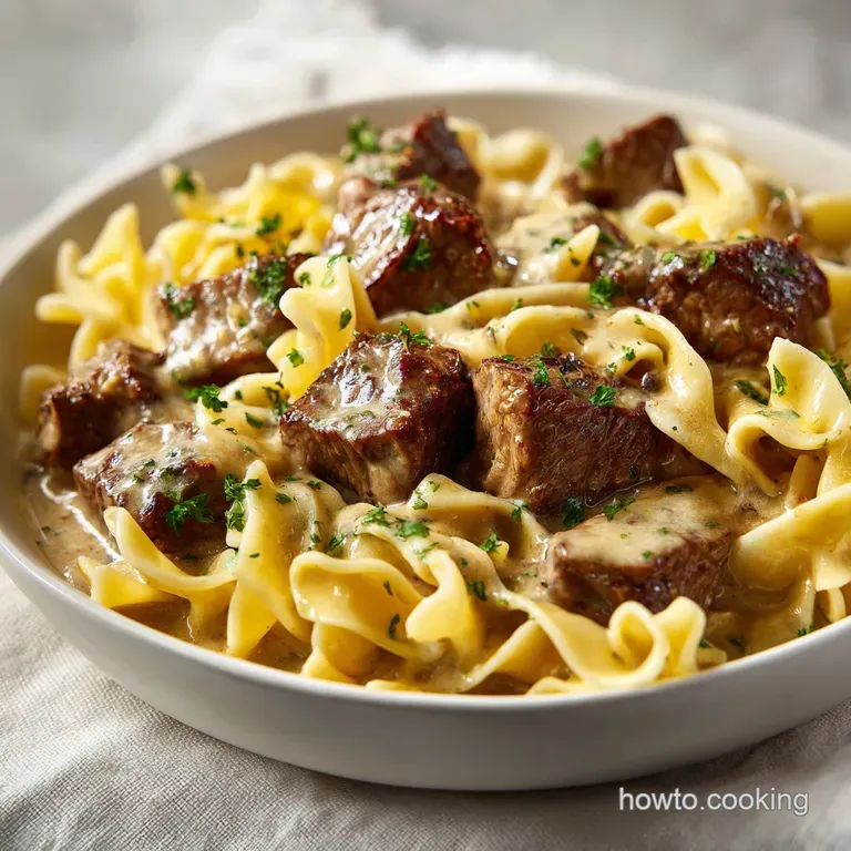 Tender chunks of braised beef and wide ribbons of pasta topped with herbs on a clean white porcelain plate.